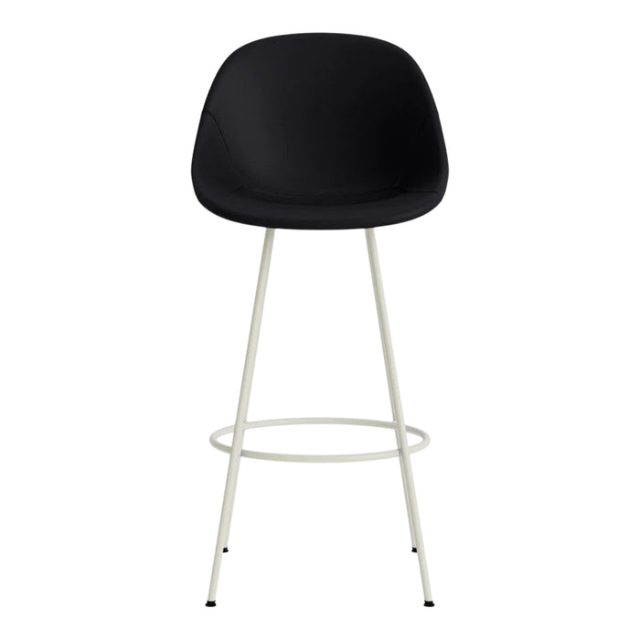 Black modern bar stool with smooth curves and a white metal frame, perfect for contemporary spaces.