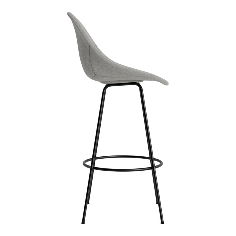 Gray upholstered bar stool with a sleek, modern design and a black metal frame for a contemporary look.