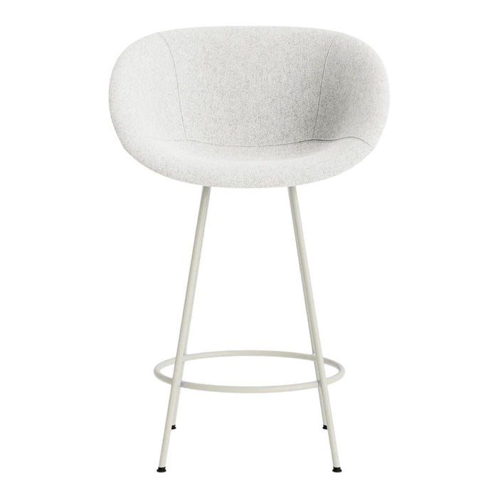 White upholstered bar stool with a smooth, soft texture and minimalist metal legs in a clean, modern design.