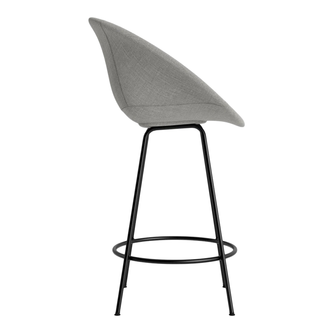 Gray upholstered bar stool with a sleek black metal frame, featuring a modern, minimalist design.