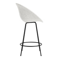 "White upholstered bar stool with a minimalist black metal frame and smooth, curved design."
