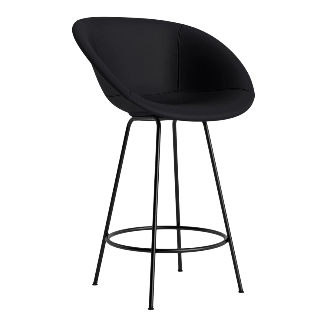 Sleek black bar stool with a curved seat and minimalist black metal legs, perfect for modern decor.