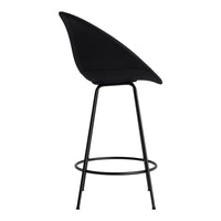 Black upholstered bar stool with a sleek silhouette and thin metal legs, featuring a modern minimalistic design.