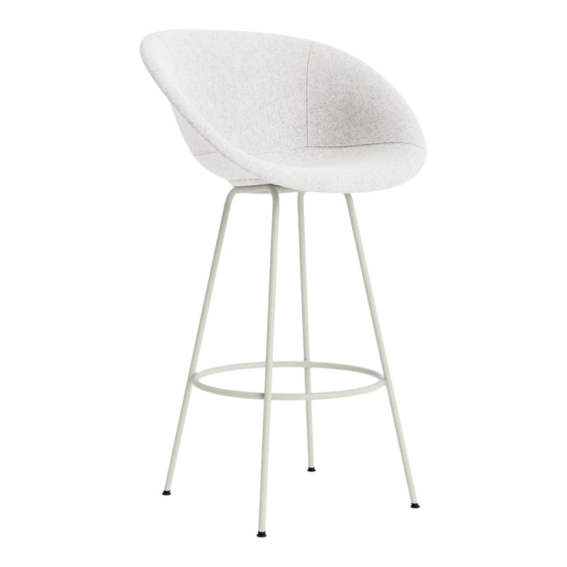 White upholstered bar stool with a smooth, minimalist design and slender metal legs. Perfect for modern interiors.