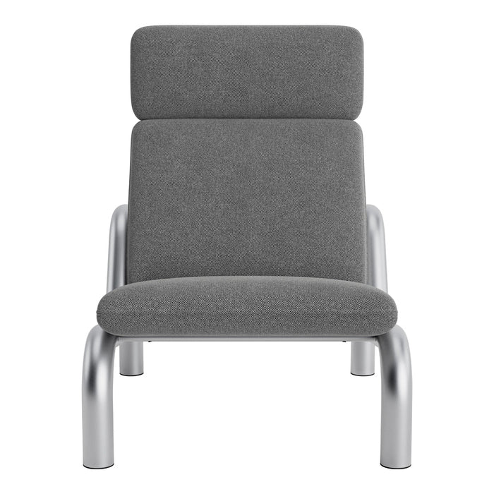 Gray upholstered lounge chair with a minimalist design and metallic silver legs. Perfect for modern interiors.