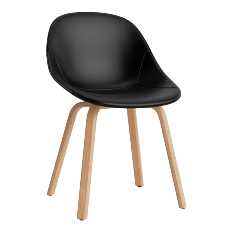 Black upholstered chair with smooth curves and natural wood legs. Modern design for sleek interiors.