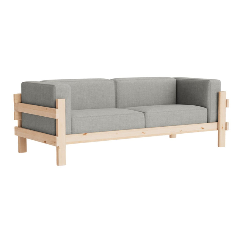 Gray upholstered sofa with a light wood frame and minimalistic design, adding a contemporary touch to any space.