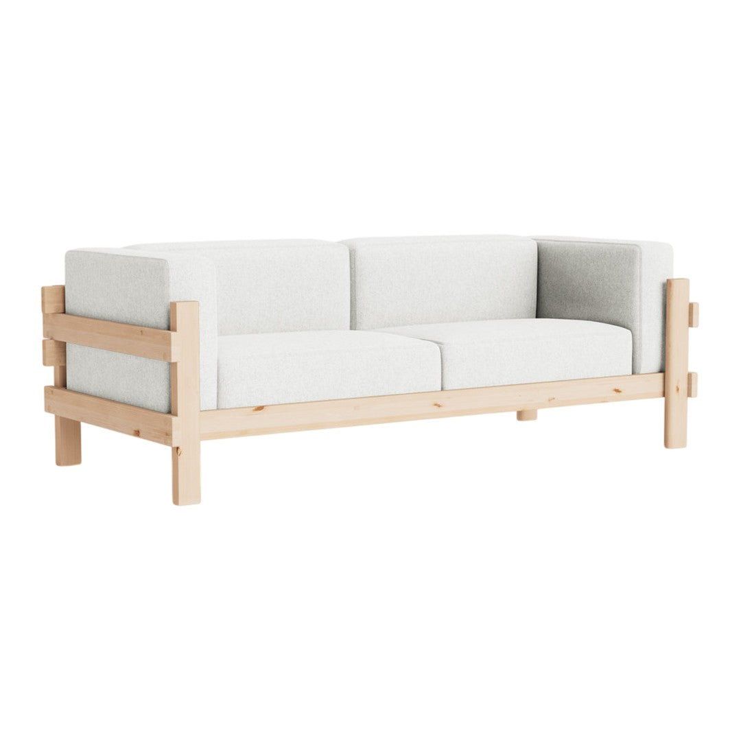 Light gray upholstery sofa with a natural wood frame, featuring a minimalist design and soft textures.