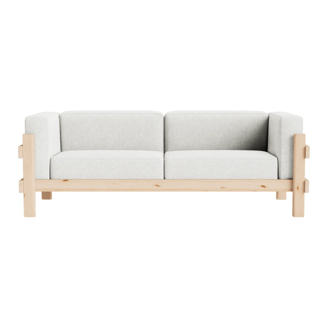 Light gray upholstered sofa with a minimalist natural wood frame, featuring clean lines and modern design.