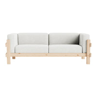 Light gray upholstered sofa with a minimalist natural wood frame, featuring clean lines and modern design.