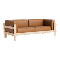 Modern sofa with brown faux leather cushions and a light wooden frame for a stylish and minimalist look.