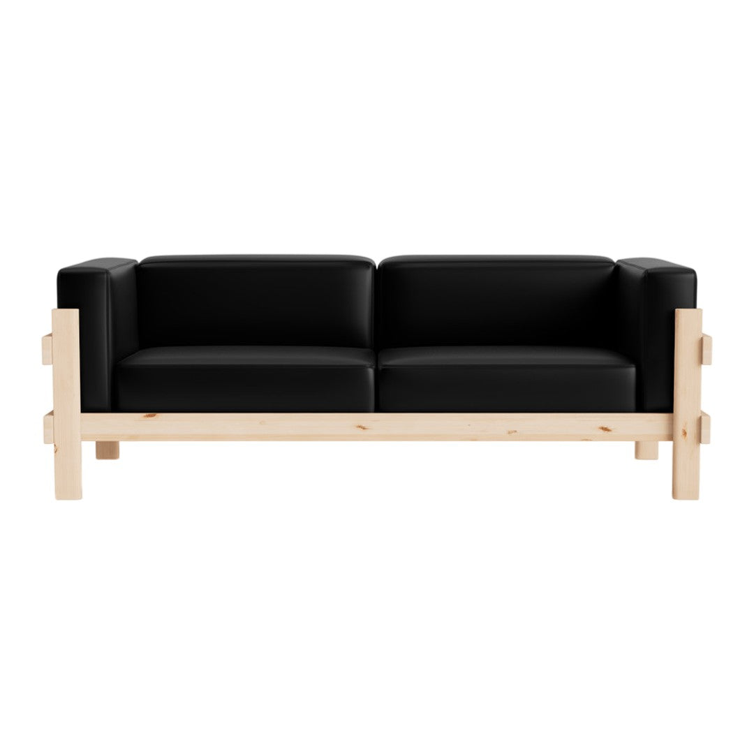 Modern black leather couch with a light wood frame, featuring sleek lines and a minimalist design. Perfect for any decor.