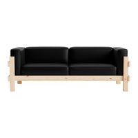 Modern black leather couch with a light wood frame, featuring sleek lines and a minimalist design. Perfect for any decor.