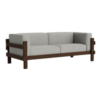 Gray fabric sofa with a dark wood frame, featuring a minimalist design and clean lines. Ideal for modern interiors.