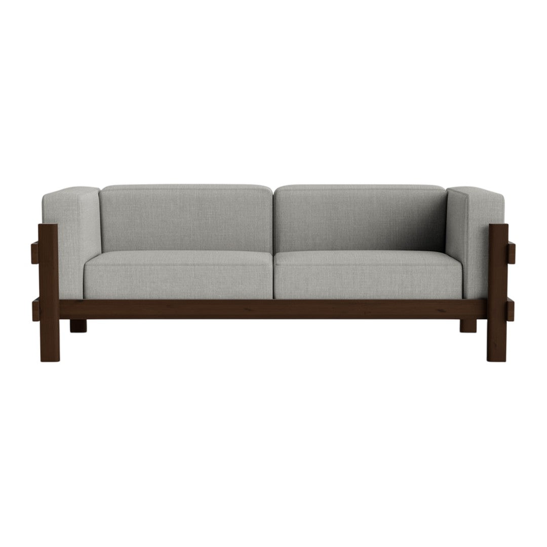 Gray upholstered sofa with a dark wooden frame, featuring a sleek and modern design. Ideal for contemporary spaces.