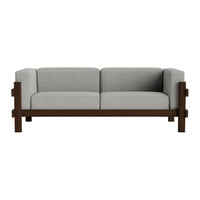 Gray upholstered sofa with a dark wooden frame, featuring a sleek and modern design. Ideal for contemporary spaces.