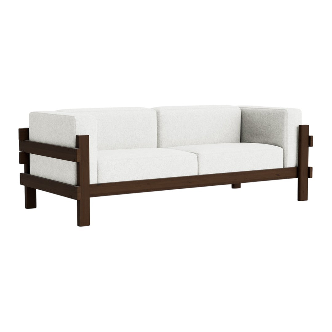 Modern white sofa with a dark brown wooden frame and clean lines, perfect for minimalist decor.