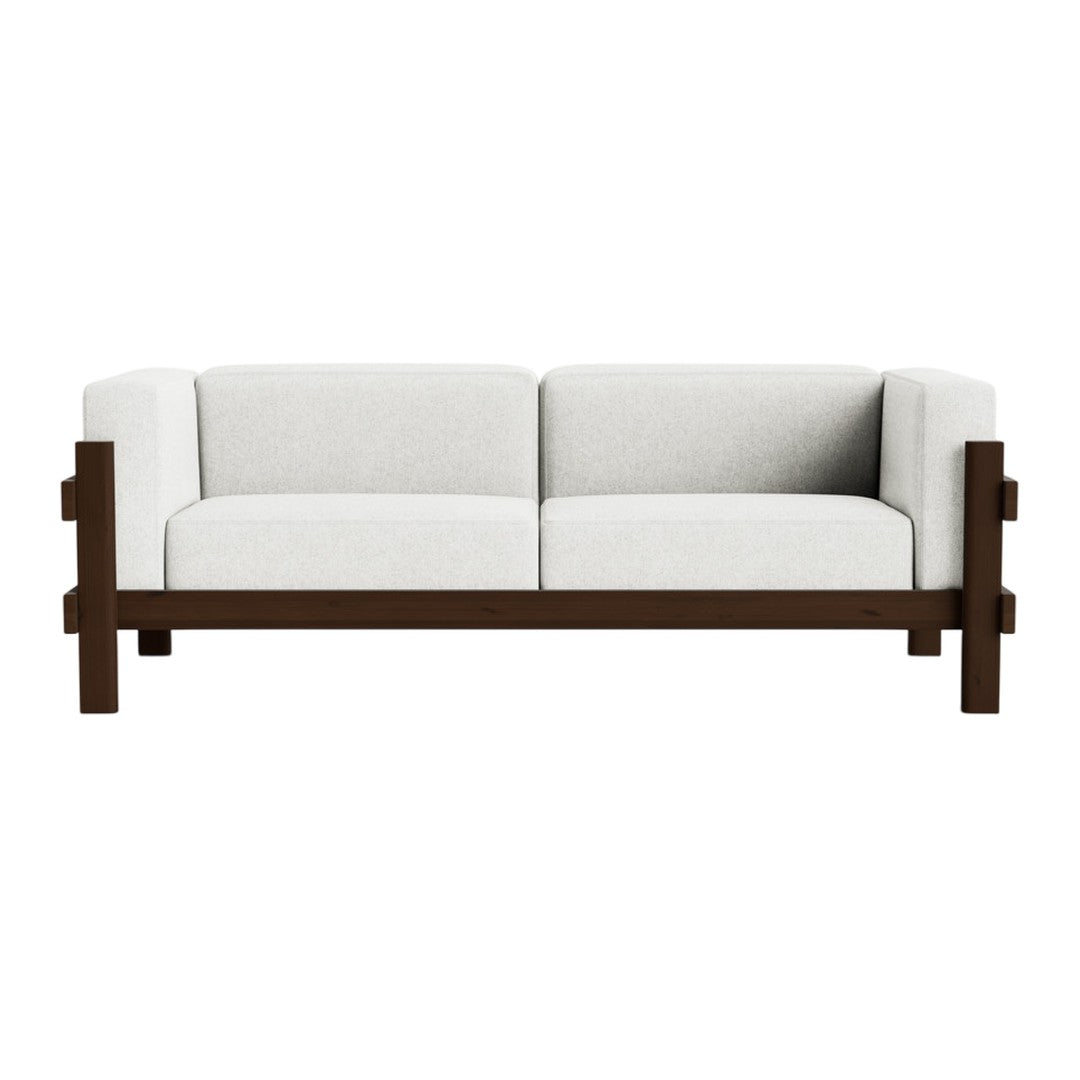 Modern two-seater sofa in light gray upholstery with dark wood frame, featuring a minimalist design and subtle texture.