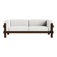Modern two-seater sofa in light gray upholstery with dark wood frame, featuring a minimalist design and subtle texture.