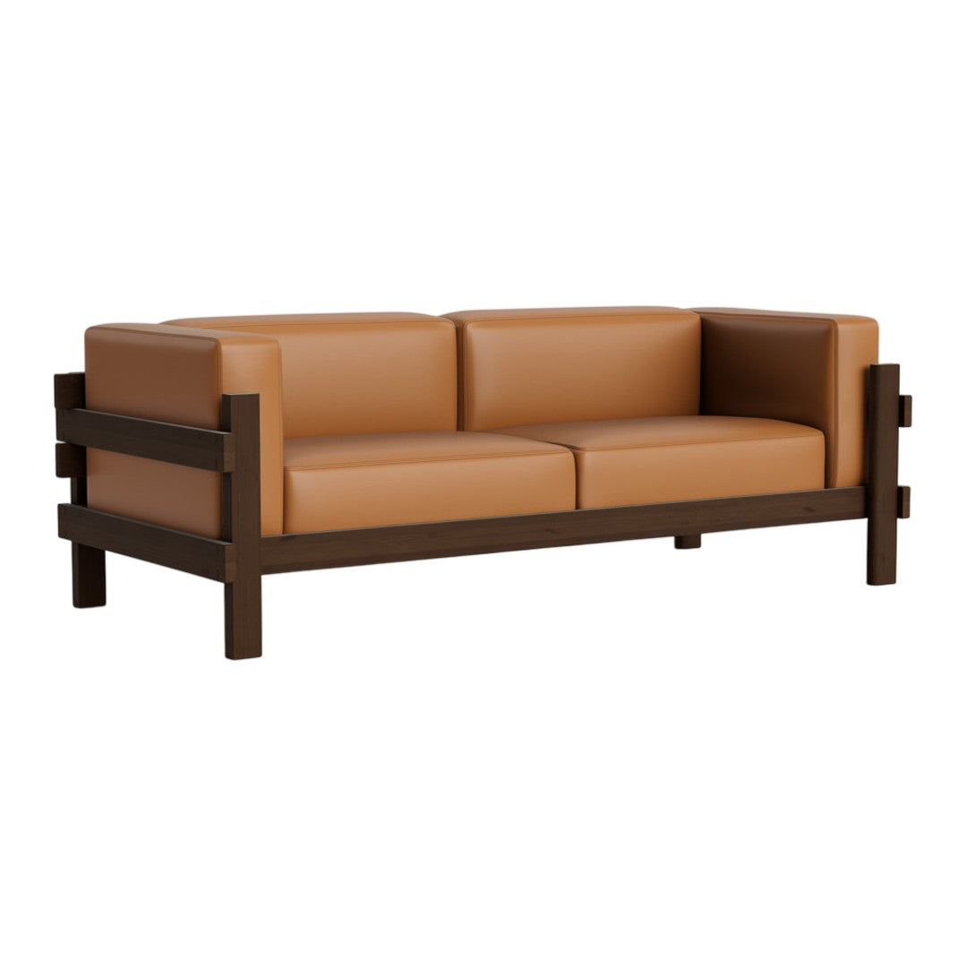 Brown leather couch with a dark wooden frame, featuring a smooth, modern design. Ideal for contemporary spaces.
