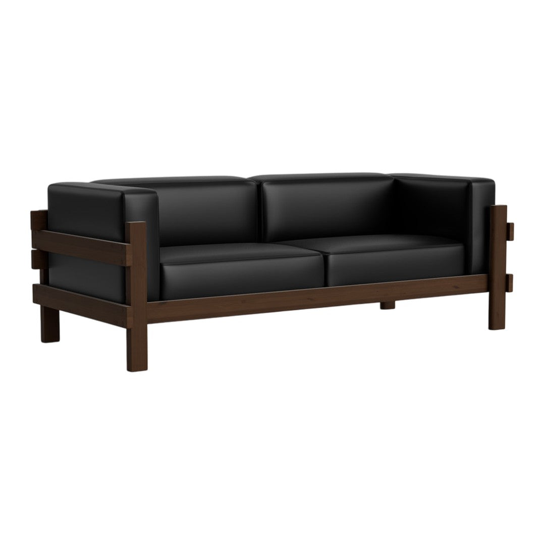 Black leather couch with a rich brown wooden frame, featuring a sleek, modern design.