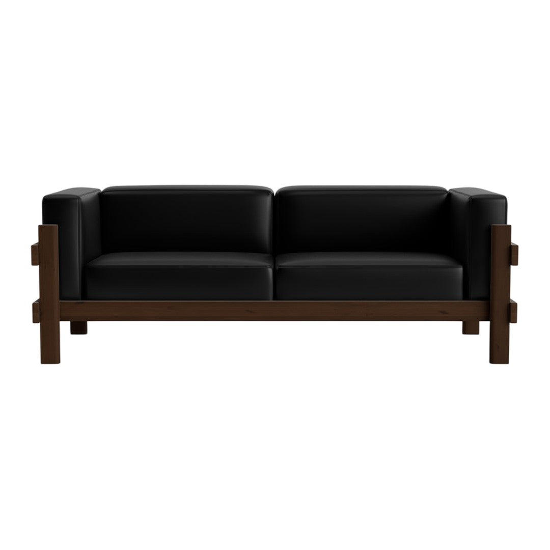 Black leather sofa with a sleek design, featuring a dark wood frame for a modern and elegant look.
