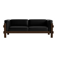 Black leather sofa with a sleek design, featuring a dark wood frame for a modern and elegant look.