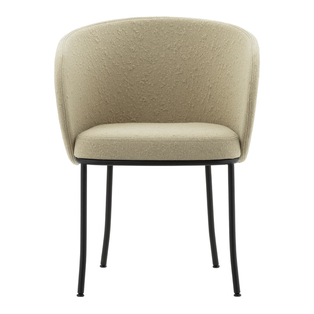 Beige fabric chair with textured pattern, sitting on black metal legs. Ideal for modern decor.
