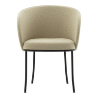 Beige fabric chair with textured pattern, sitting on black metal legs. Ideal for modern decor.