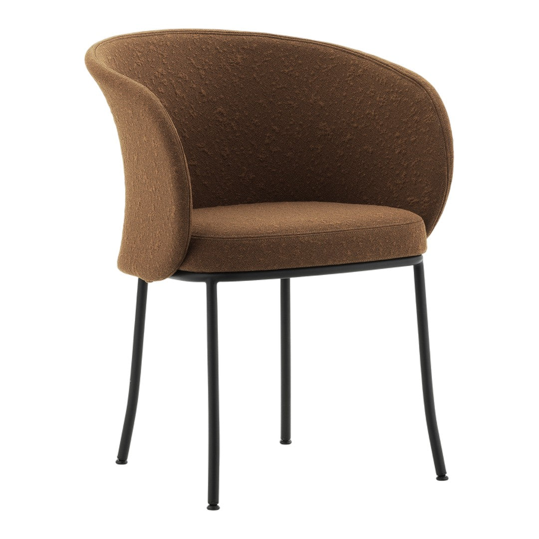 Brown textured fabric chair with gently curved back and sleek black metal legs. Perfect for modern decor.