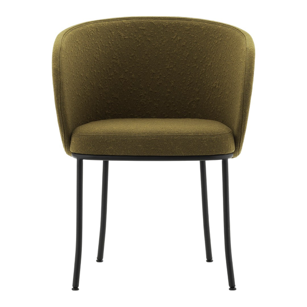 Olive green textured chair with black metal legs, perfect for modern decor.
