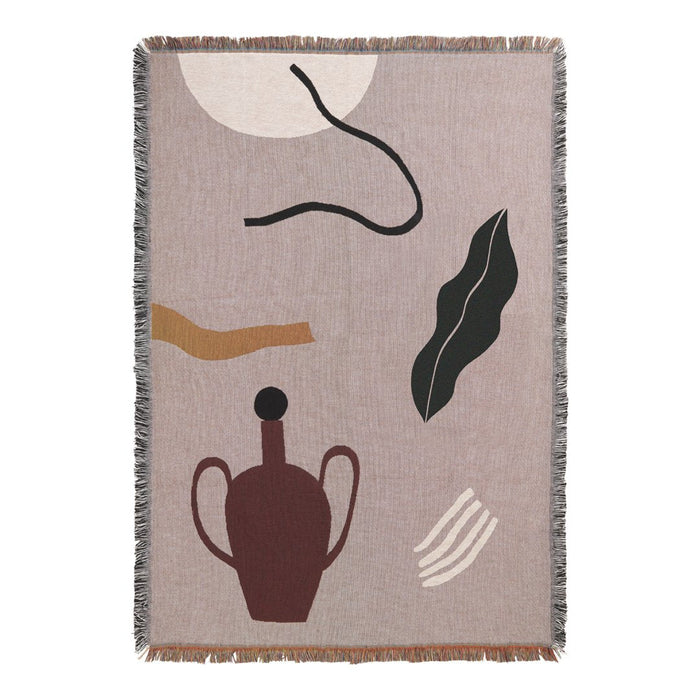 Abstract rug featuring earthy tones, geometric shapes, and botanical patterns on a soft mauve background. Fringed edges.