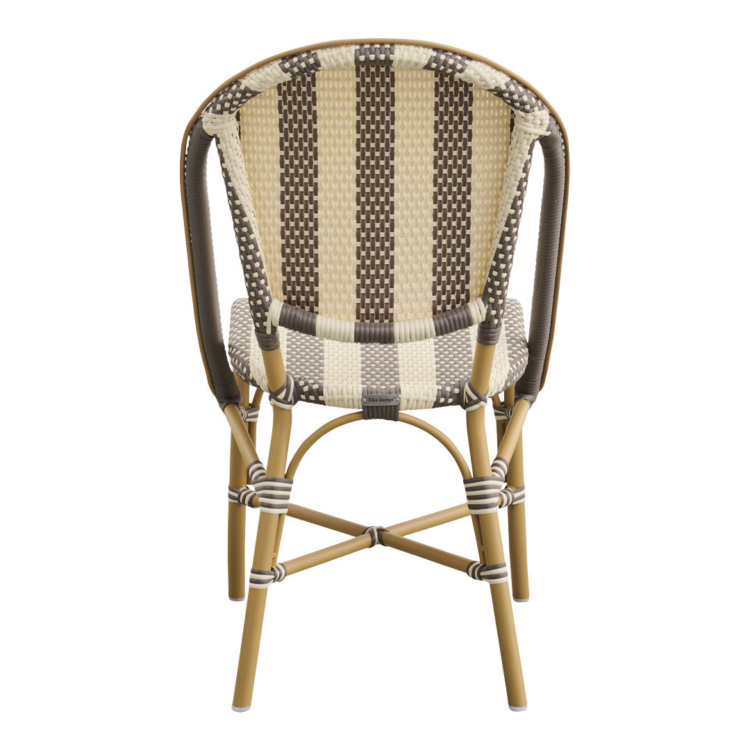 Back view of a striped chair featuring brown, cream, and tan woven patterns for a stylish, modern look.