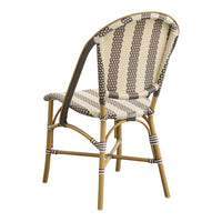 "Handwoven chair featuring alternating beige and brown stripes with a natural bamboo frame."