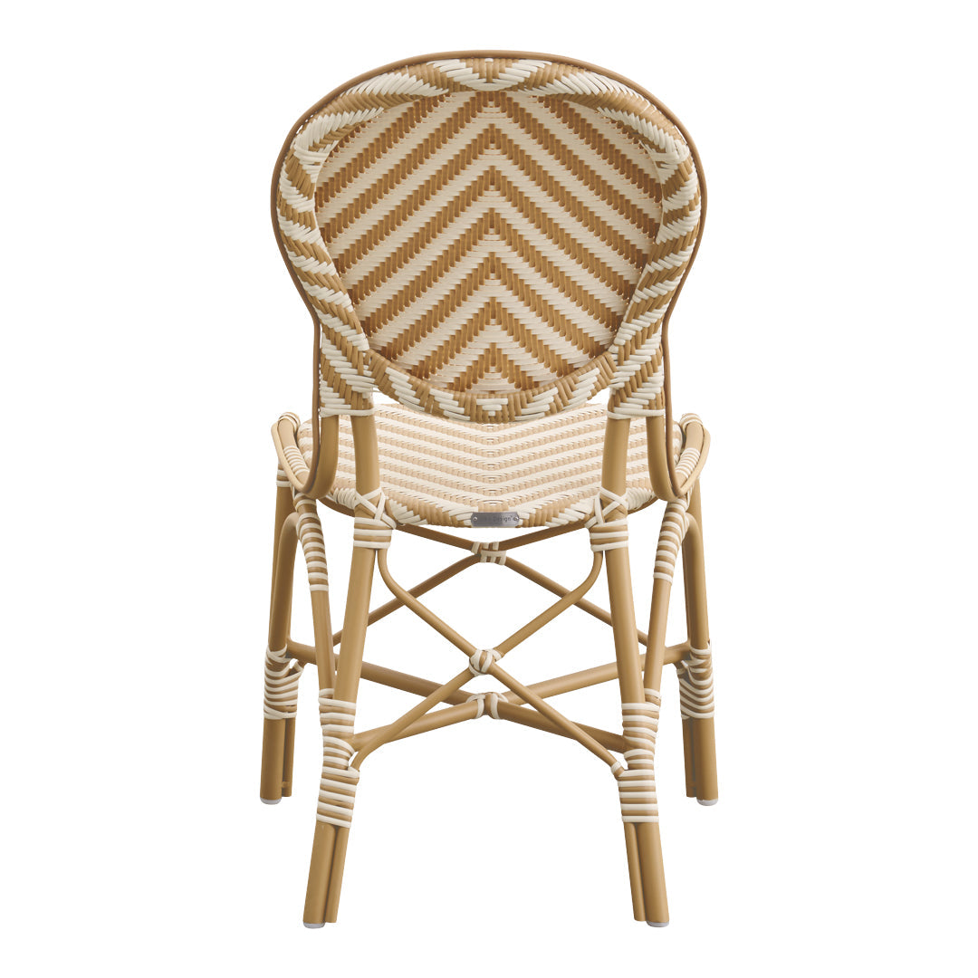 Light beige and cream woven chair with a chevron pattern and natural wooden frame, perfect for stylish seating.