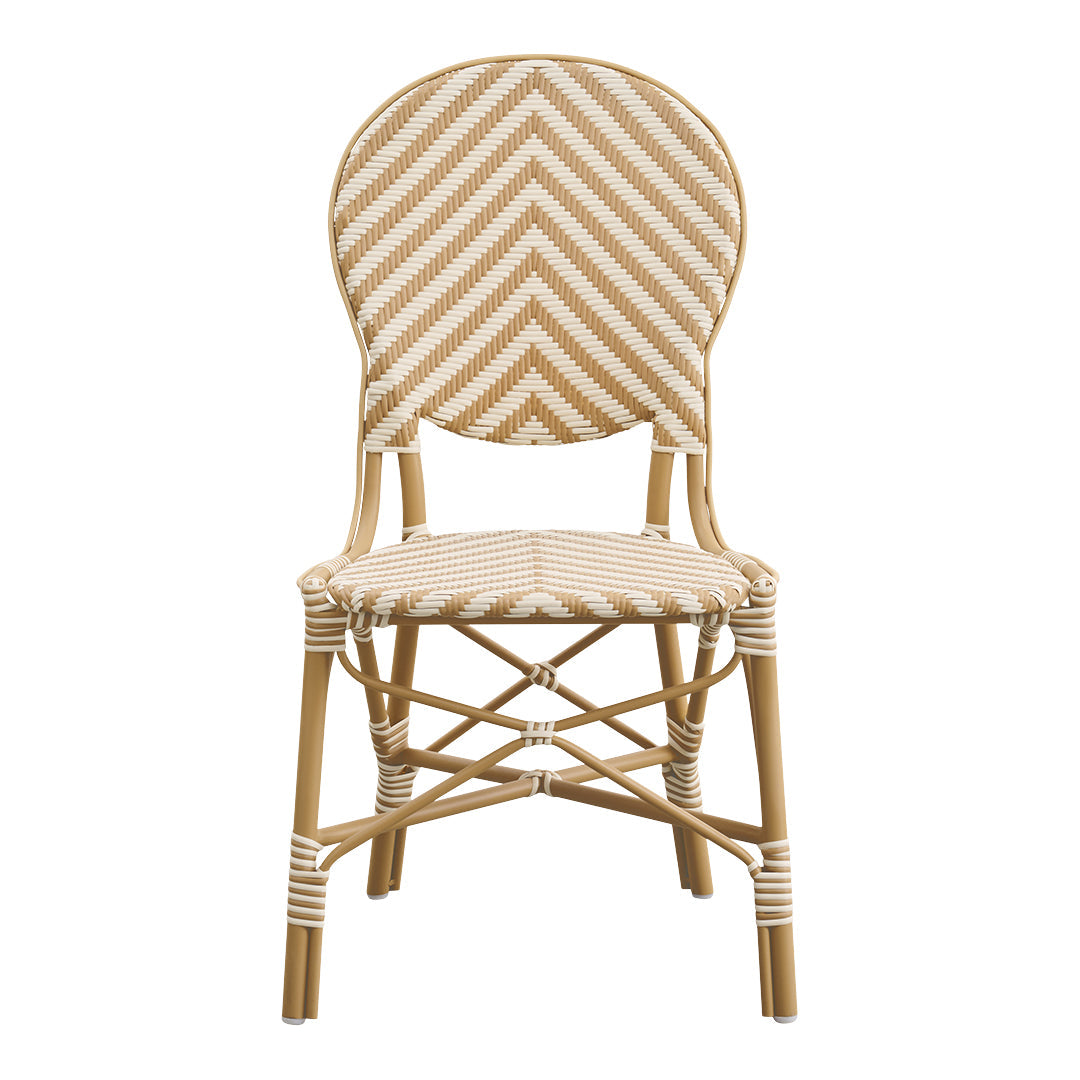 "Chevron-patterned chair in beige and cream with natural wood details, perfect for stylish décor."