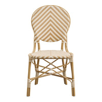 "Chevron-patterned chair in beige and cream with natural wood details, perfect for stylish décor."