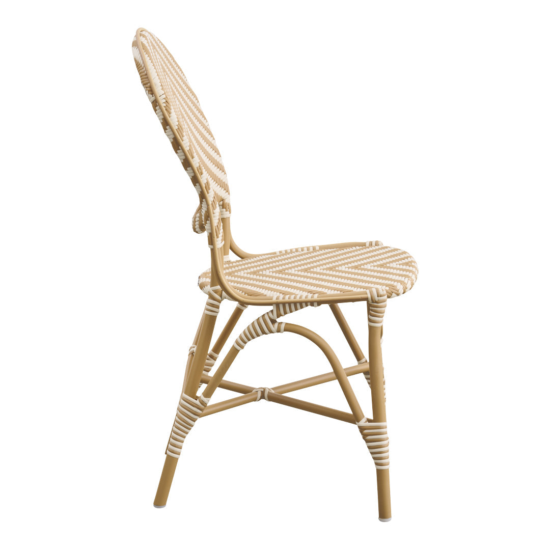 Beige and white striped woven chair with a natural bamboo frame, featuring a stylish, contemporary design.
