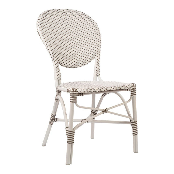 White and brown woven pattern chair with a classic, stylish design, ideal for outdoor or indoor use.