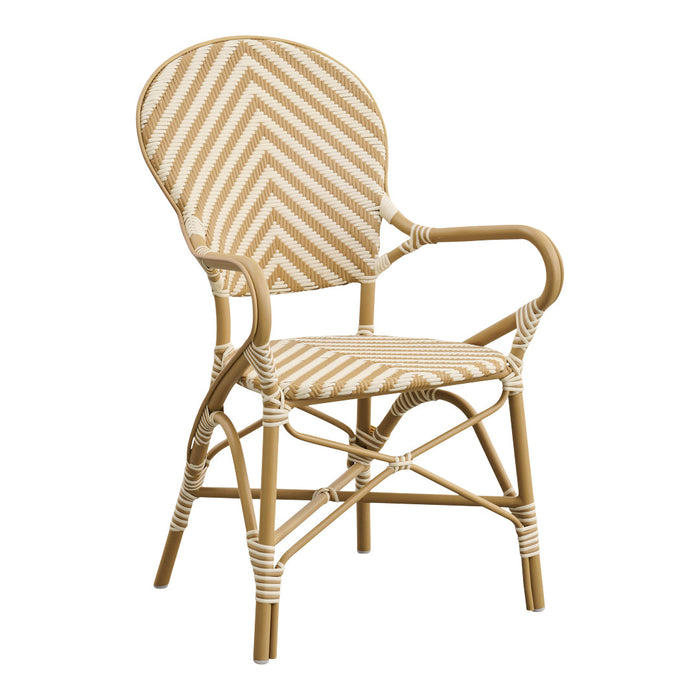Beige and cream striped herringbone pattern on a stylish rattan chair with sleek, natural-colored frame.