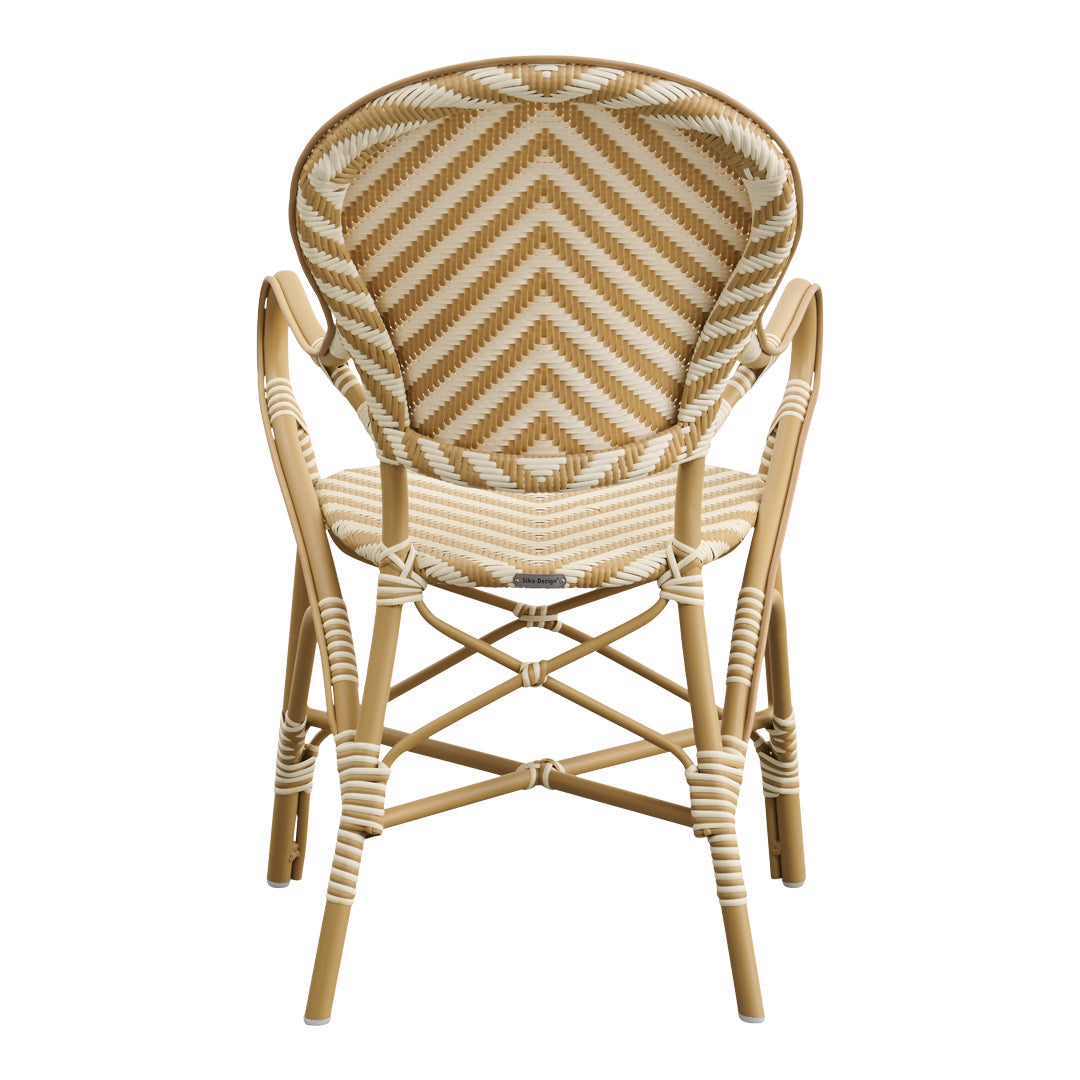 Beige and white zigzag-patterned chair with a smooth, woven backrest and lightweight tan frame.