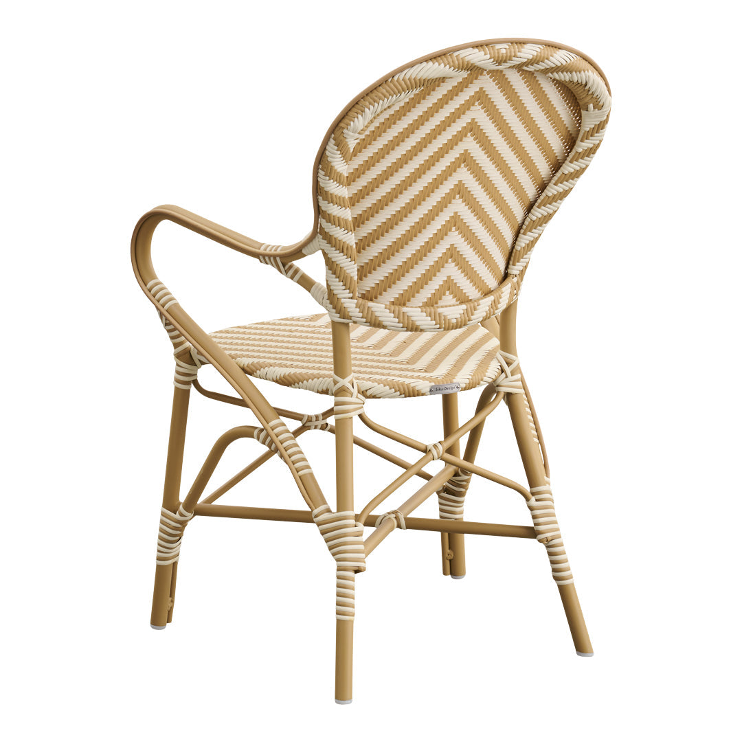 Stylish chair featuring a chevron pattern in beige and cream, with natural bamboo accents for a chic look.