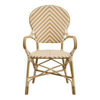 Tan and cream striped café chair with a woven chevron pattern and a stylish curved backrest. Perfect for outdoor dining.
