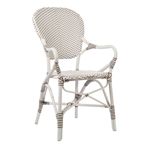 White and brown patterned chair with a woven design, showcasing stripes and geometric elements. Perfect for stylish seating.