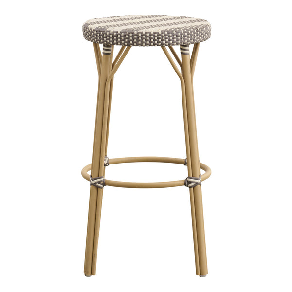 Beige bar stool with a striped, woven seat in brown and cream, showcasing a modern and stylish design.
