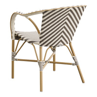 Cream and brown striped woven chair with a natural bamboo frame, featuring a chevron pattern for a modern touch.