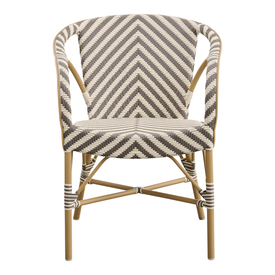 Chevron-patterned chair in neutral tones of beige and gray with a light natural wood frame.