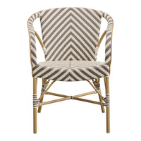 Chevron-patterned chair in neutral tones of beige and gray with a light natural wood frame.