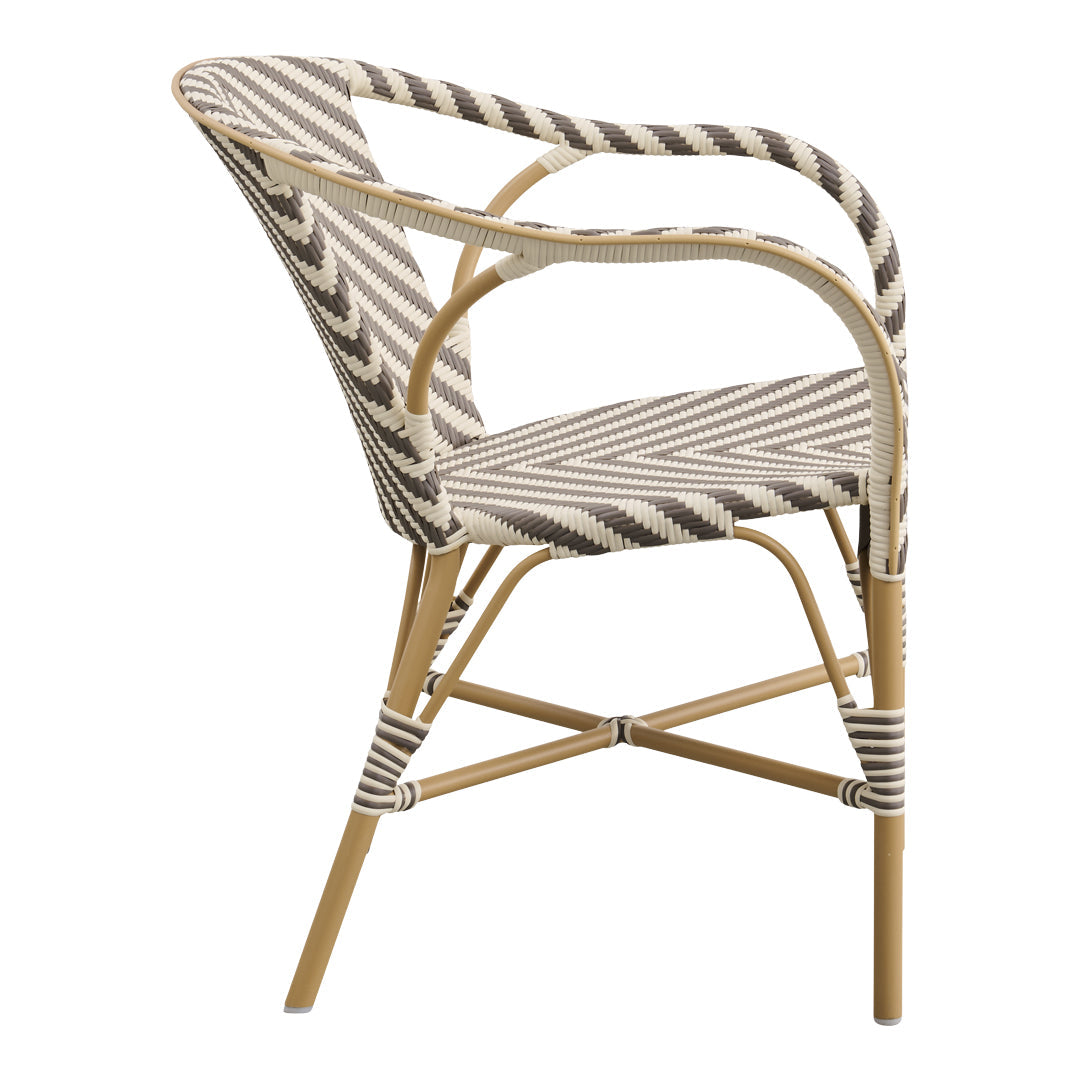 Striped chair in beige and brown tones, featuring a modern zigzag pattern on a natural frame. Perfect for stylish decor.