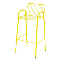 Bright yellow metal bar stool with a sleek, open pattern and minimalist design. Ideal for modern spaces.